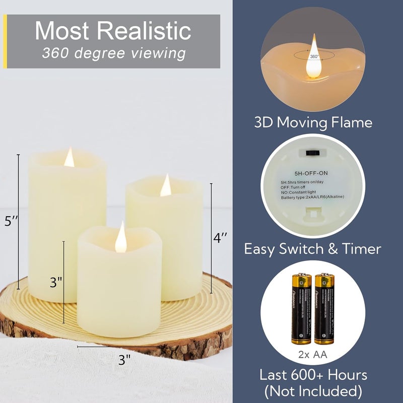 TECHLONG Flameless Candles Battery Operated with Remote Timer, 3D Moving Flame Flickering, Last 600+ Hours Battery Candles, Set of 3 Ivory Real Wax Electric LED Candle for Wedding Party Decor - Image 2